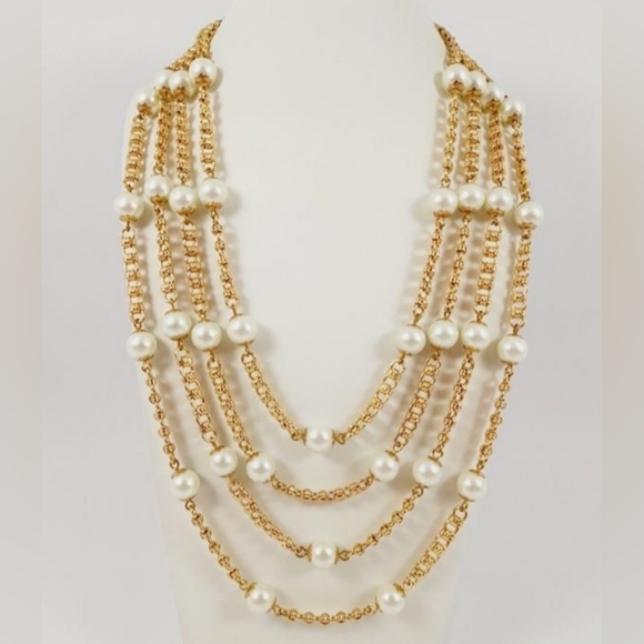 Kenneth J. Lane Four Strand Faux Pearls Gold Tone Çhain Signed VTG Necklace - Picture 1 of 10